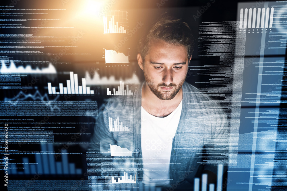 Leinwandbilder Man, web design and overlay for coding software, statistics and fintech or ecommerce with lens flare. Male person, programmer and data analytics with hologram, graph and script for financial app