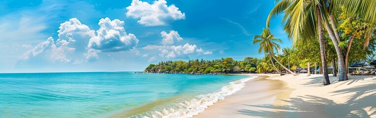 Fototapeta premium Panoramic Tropical Beach with Palm Trees and Blue Sea
