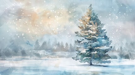 Christmas Greetings Watercolor Winter Scene with Pine Tree