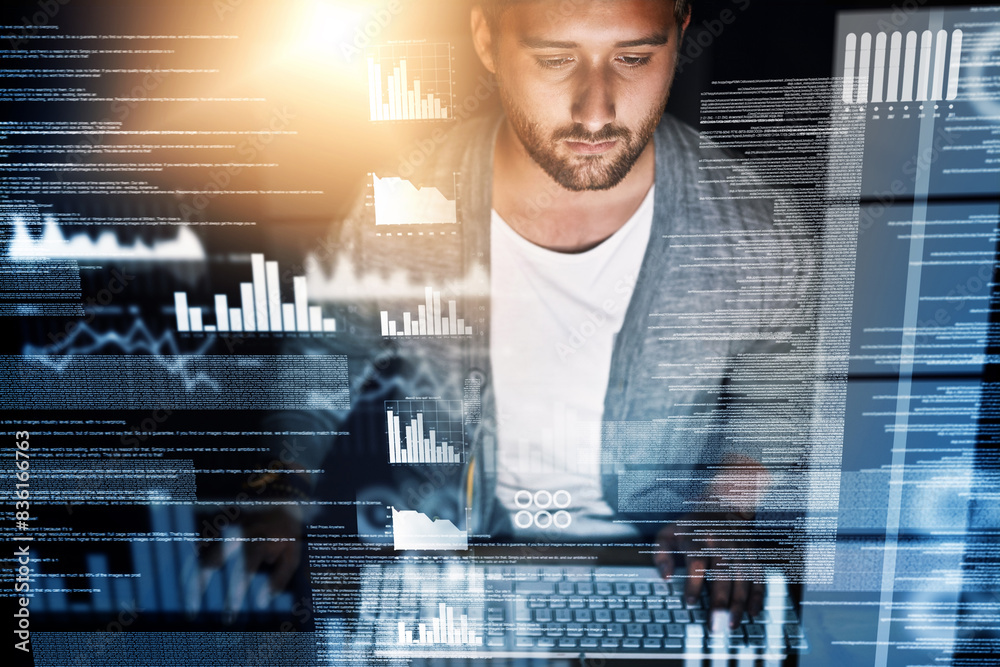 Poster Man, web design and coding overlay for data analytics fintech app and reporting software with lens flare in office. Male person, programmer and night with graph and script for financial review