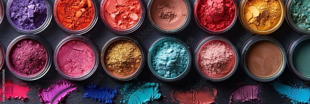 Poster A close-up view of colorful makeup pigments and powders arranged artistically in small jars. Generative AI
