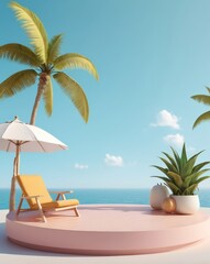 Obraz premium 3D podium summer concept. wooden podium on tropical beach with blue sky and trees summer vacation concept 3d rendering