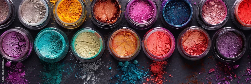 Poster A close-up shot of various colorful makeup pigments and powders arranged in small jars. Generative AI
