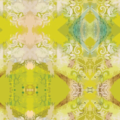 Vector geometry texture of aged baroque ornaments pattern. Classic ornaments on abstract grunge beige, yellow background.