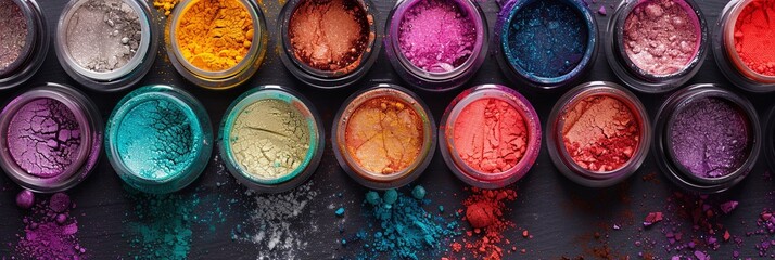 A close-up shot of various colorful makeup pigments and powders arranged in small jars. Generative AI