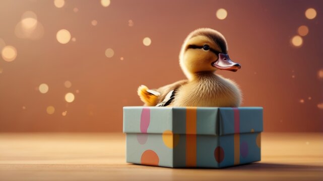 The duck sit on he gift box. on bokeh glowing background