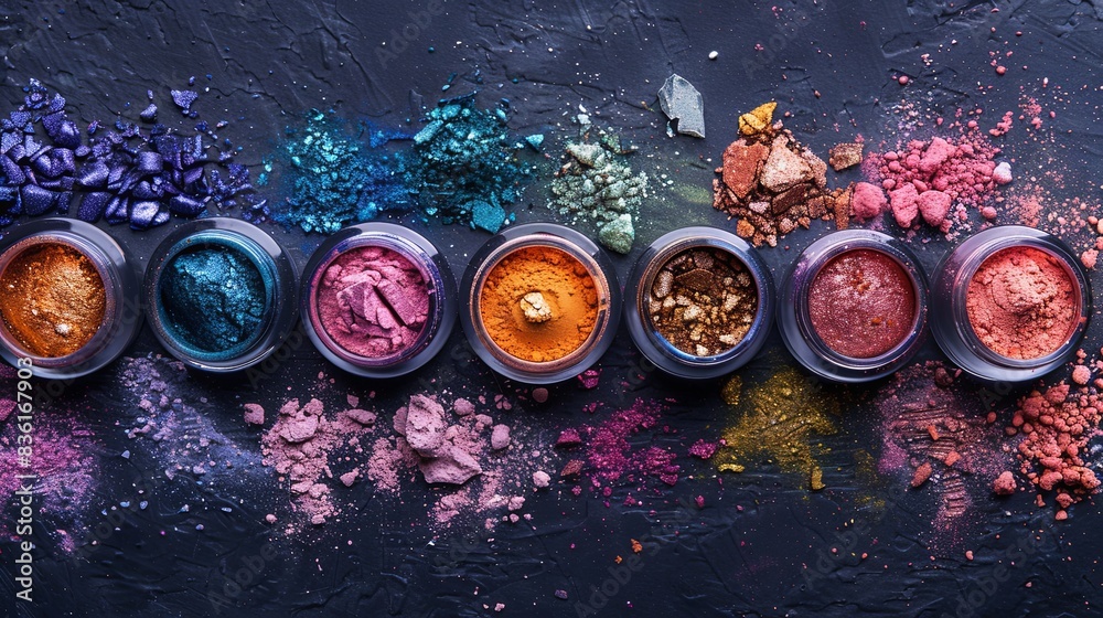 Poster an assortment of colorful makeup pigments and powders in small glass jars arranged on a black surfac