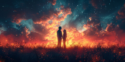 Fototapeta premium Romantic Couple Silhouette at Sunset: Realistic Scene with Candy-Colored Sky