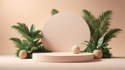 Fototapeta premium 3D podium summer concept. wooden podium on tropical beach with blue sky and trees summer vacation concept 3d rendering