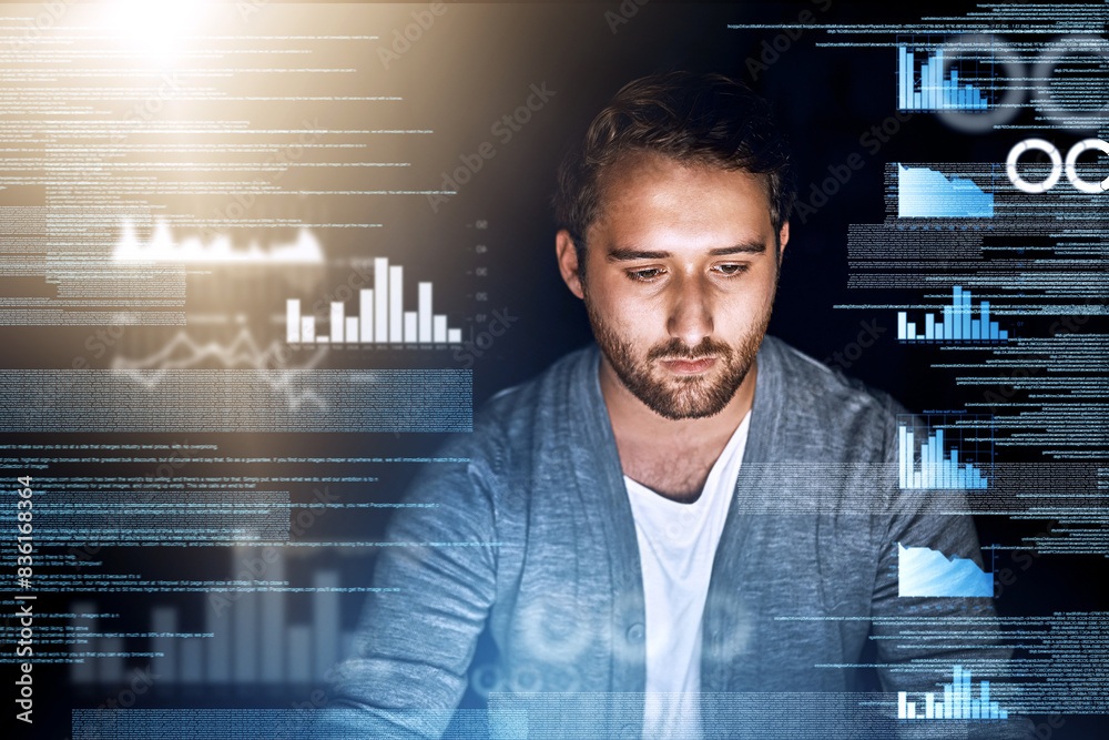 Poster Man, web developer and statistics overlay with coding or script for fintech app and ecommerce software. Male person, programmer and hologram with graph, hmtl and data analytics for financial review