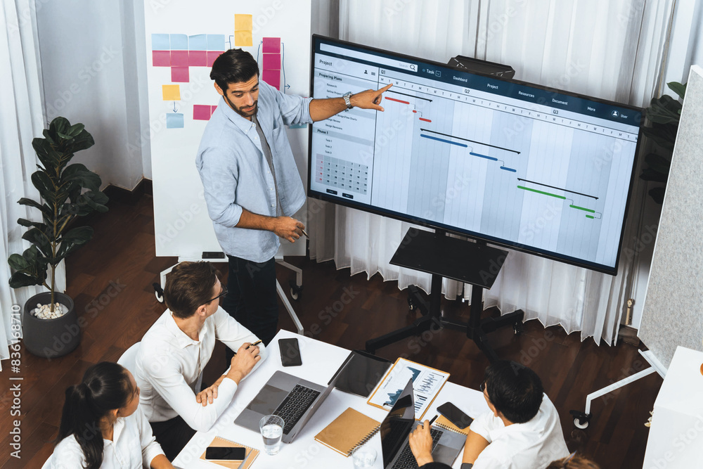 Poster project manager communicate and collaborate with team using project management software display on m