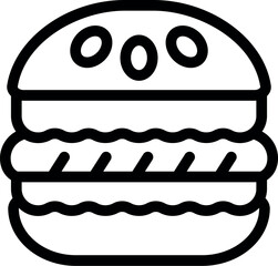 Playful and whimsical cartoon burger icon illustration in black and white line art. Featuring a smiling hamburger. Perfect for fast food menus. Kids' coloring books