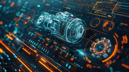 Fototapeta premium Technical drawing of advance futuristic car engine design on computer screen