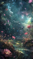 A celestial garden floating amidst the stars, with ethereal flowers blossoming in the void of space generated by AI