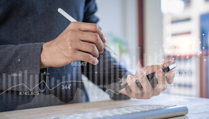 businessman trading in stock market exchange on virtual screen in office workplace signing...