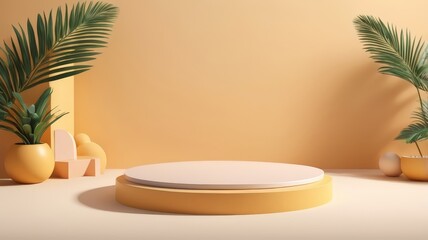 3D podium summer concept. wooden podium on tropical beach with blue sky and trees summer vacation concept 3d rendering