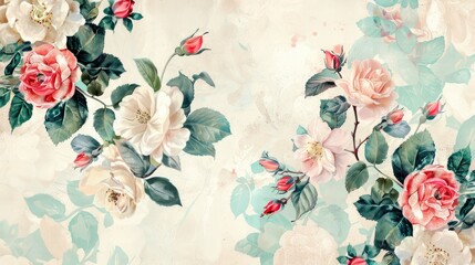 Vintage watercolor pattern featuring a delicate bouquet of jasmine and roses handmade on paper for a classic touch in print design