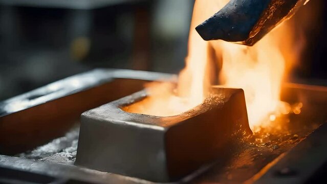 Close-up shot of molten metal being poured into molds in a foundry