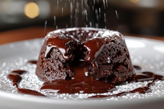 Closeup of a chocolate lava cake with molten chocolate oozing out