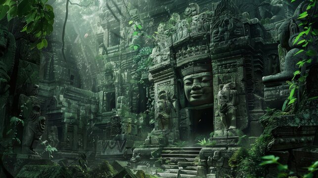 A hidden temple deep within a jungle, guarded by ancient statues and booby traps generated by AI