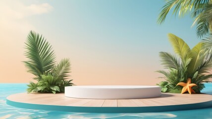 3D podium summer concept. wooden podium on tropical beach with blue sky and trees summer vacation concept 3d rendering