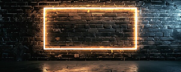 Rectangular glowing neon frame on dark brick wall