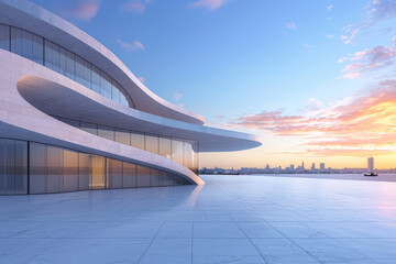 Fototapeta premium Concrete outdoor square building, The modern urban skyline is in the background.