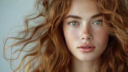 A beautyful teenage girl with curly hairstyle fresh face close up on white background for beauty blog.