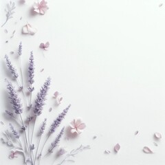 Beautiful romantic lavender flowers composition on white background. Ideal for wedding, baby shower, mother's day, woman's day, cosmetics presentation. Space for text