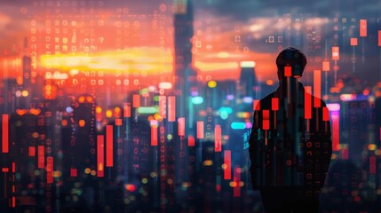 Silhouette of a person looking at stock market graph in front of a cityscape during sunset, representing financial analysis and investment.