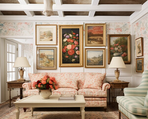 Living room gallery wall, home decor and wall art, framed art in the English country cottage interior, room for diy printable artwork mockup and print shop idea