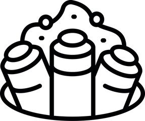 Black and white line art illustration of delicious cartoon cinnamon rolls with icing, served on a plate