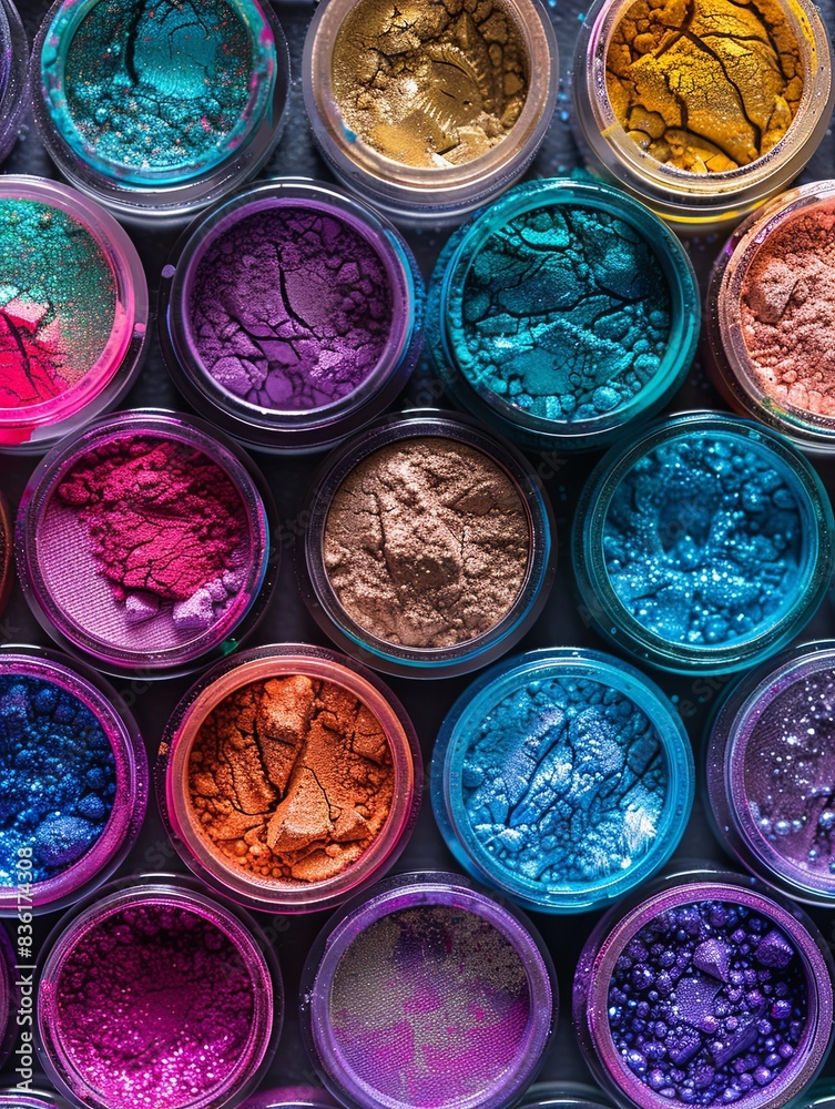 Poster assortment of colorful makeup pigments and powders in small jars, arranged artistically. generative 