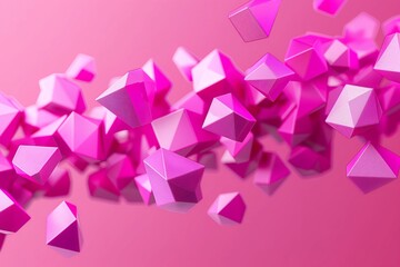 Floating pink geometric shapes in an abstract 3D composition against a vibrant pink background