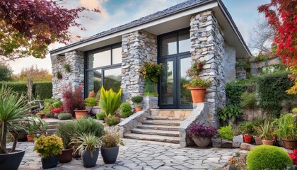 Obraz premium a contemporary house with a stone facade, surrounded by colorful gardens and potted plants, in a serene outdoor setting