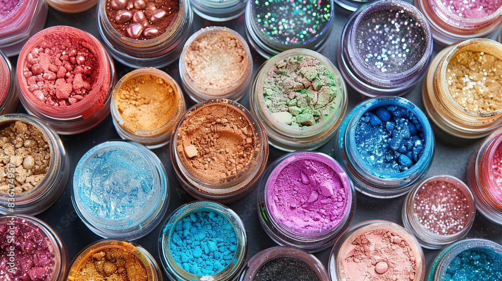 Poster Close-up view of an artistic arrangement of small jars filled with colorful makeup pigments and powders. Generative AI