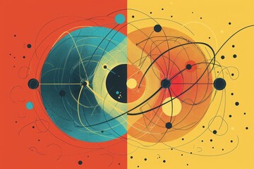Abstract art illustration featuring vibrant colorful forms and energetic lines on a split red and yellow background, symbolizing duality.