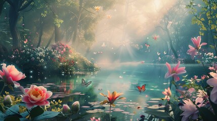 Dreamy Garden of Colorful Flowers in Full Bloom with Graceful Butterflies and Dragonflies, Sunlight Filtering Through Trees, Creating a Serene and Magical Atmosphere