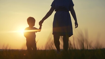 mom and son in the park. mom a holding her son hand walking in the park silhouette at sunset in...