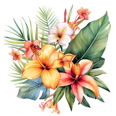 Fototapeta premium Watercolor art of vibrant tropical flowers and foliage, isolated for wedding card decoration