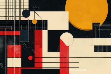 Abstract geometric artwork featuring vibrant shapes and lines in bold colors, creating a modern, dynamic, and visually compelling composition.