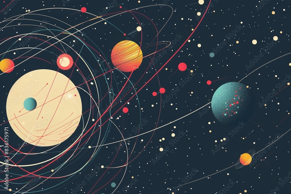Wall mural abstract illustration of colorful planets and orbits in outer space. modern artistic depiction of th