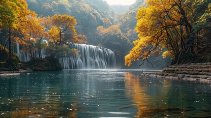 Waterfall in autumn forest at Erawan waterfall 