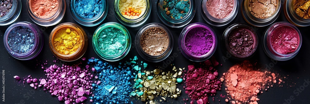 Poster a close-up view of assorted makeup pigments and powders in small jars, arranged artistically on a bl