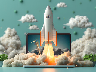 rocket launching from computer into the sky. 