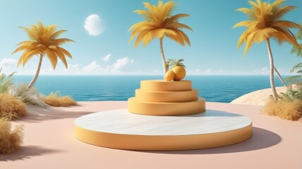 Obraz premium 3D podium summer concept. wooden podium on tropical beach with blue sky and trees summer vacation concept 3d rendering