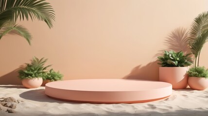 Obraz premium 3D podium summer concept. wooden podium on tropical beach with blue sky and trees summer vacation concept 3d rendering