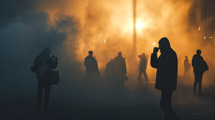 Silhouettes of people walking through foggy street at night. Urban and atmospheric concept for poster, banner, and header. Night photography.