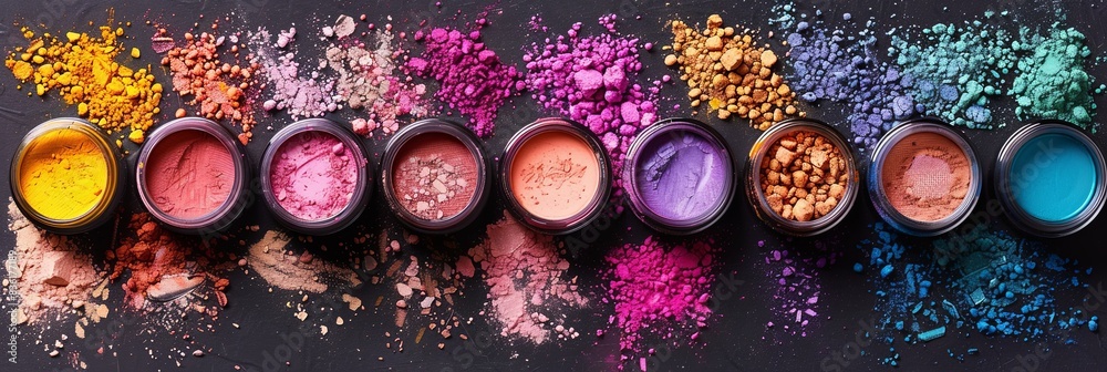Poster A close-up view of colorful makeup pigments and powders arranged in small jars. Generative AI