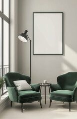 	
Living room interior with two empty white posters on wall, grey sofa oak wooden parquet floor, carpet. Concept of cozy meeting place. Mock up